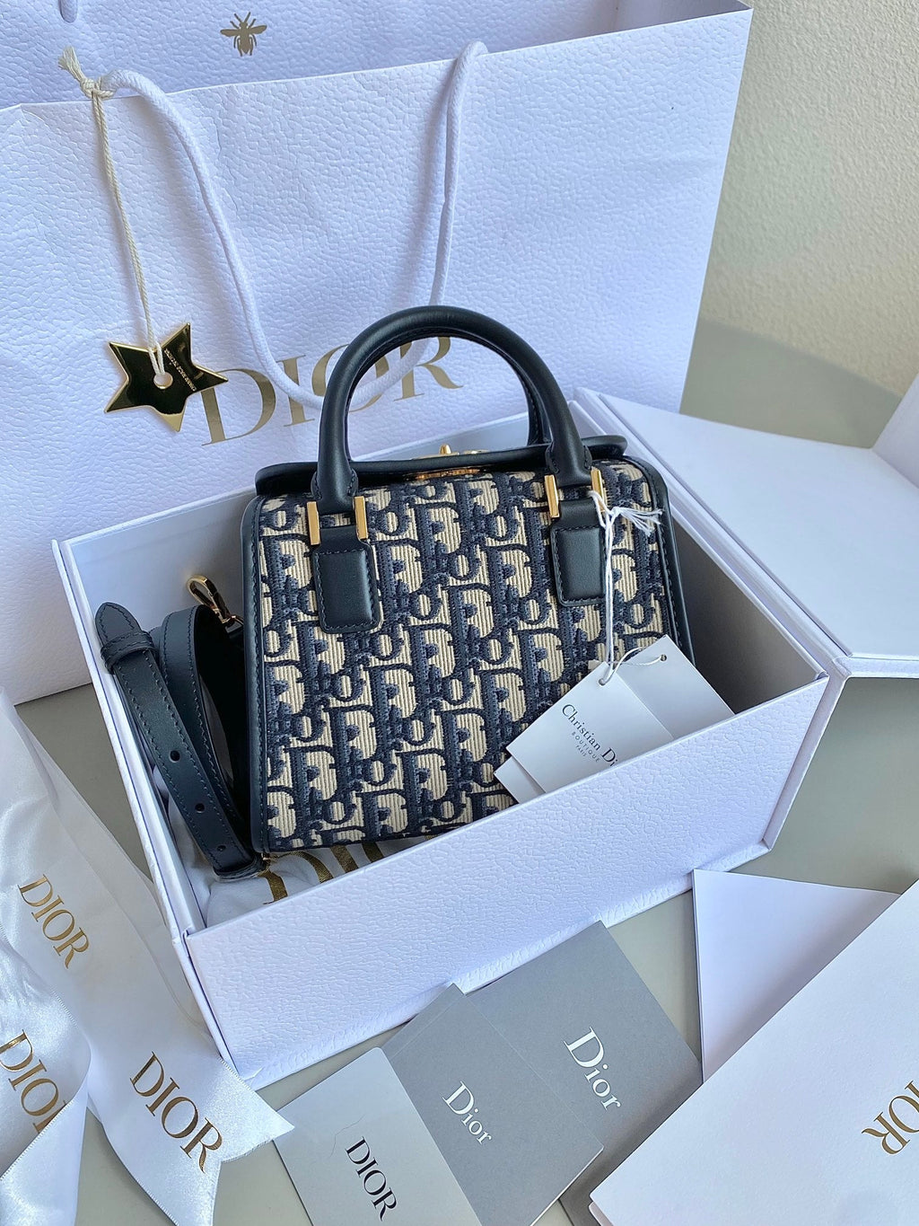 Dior Small Boston 22 Blue Oblique Embroidery Bag