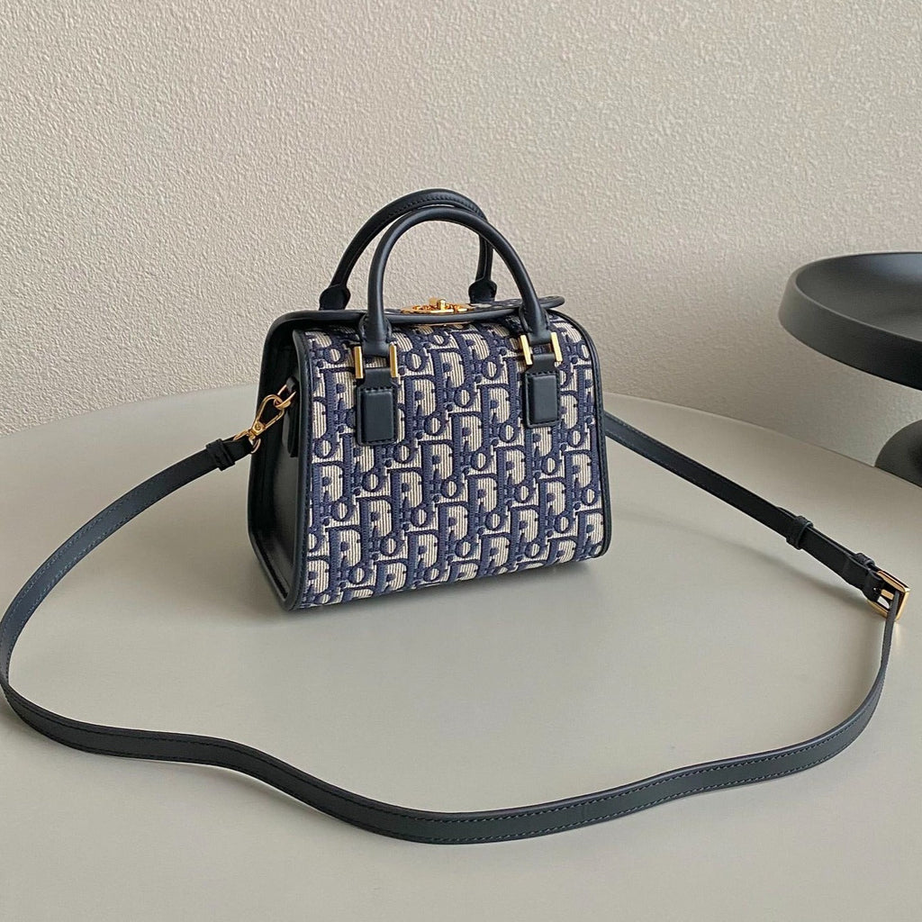 Dior Small Boston 22 Blue Oblique Embroidery Bag