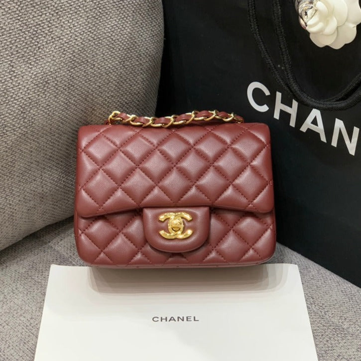 Chanel Mini Square Flap Bag 17cm Burgundy Lambskin Gold Hardware