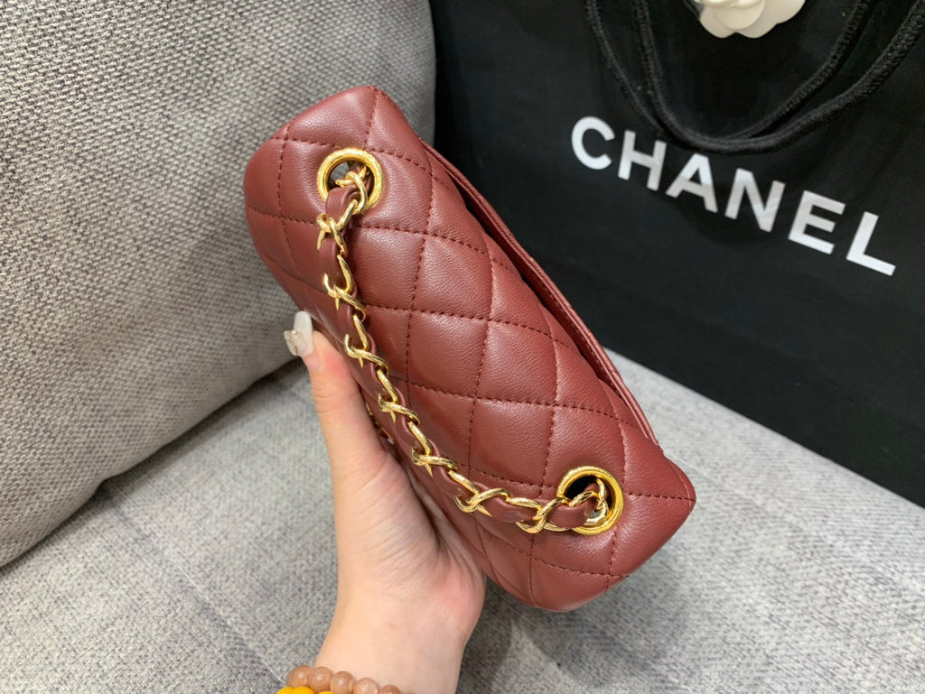 Chanel Mini Square Flap Bag 17cm Burgundy Lambskin Gold Hardware