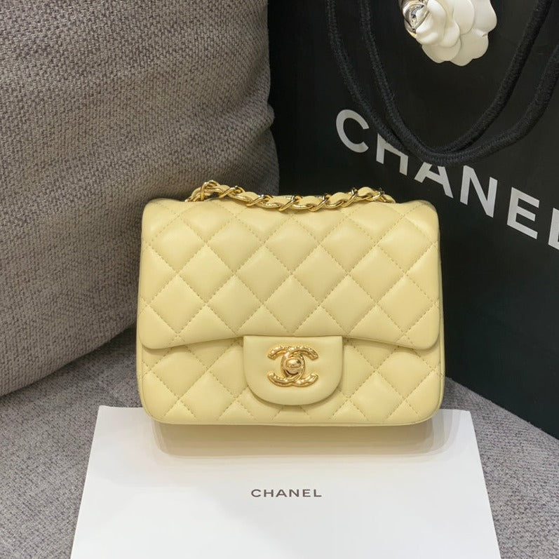 Chanel Mini Square Flap Bag 17cm Yellow Lambskin Gold Hardware