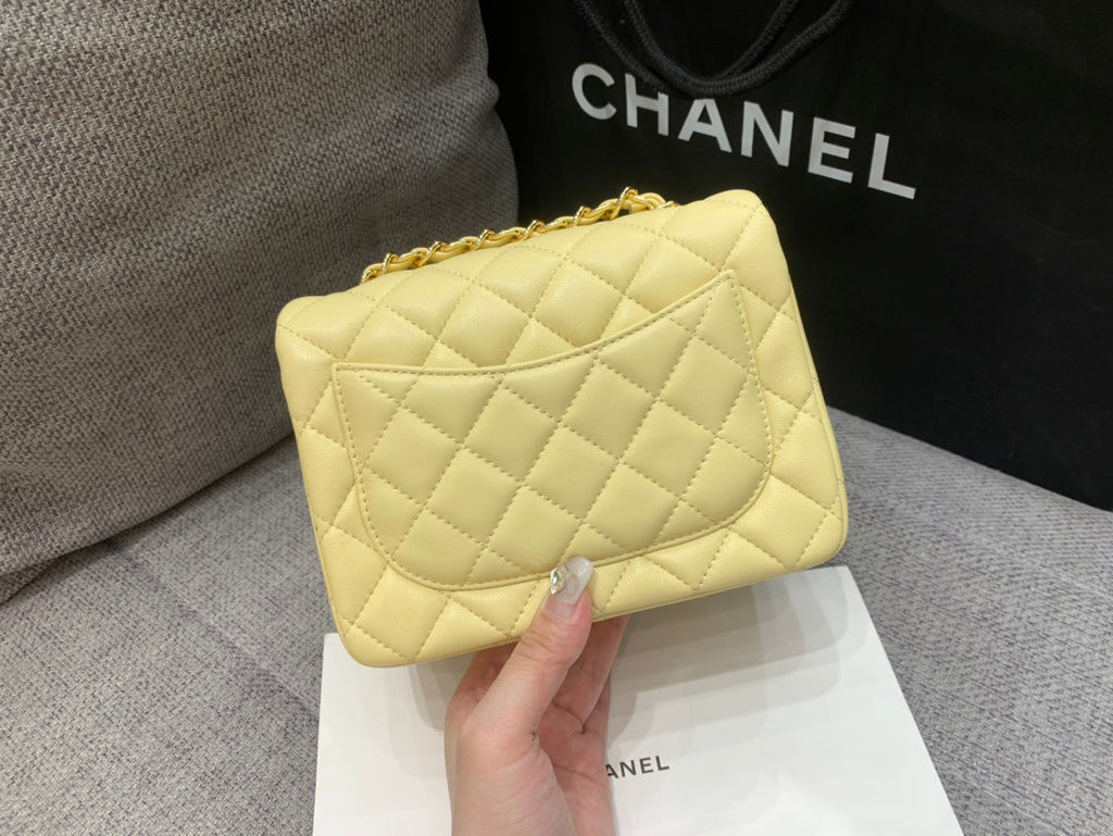Chanel Mini Square Flap Bag 17cm Yellow Lambskin Gold Hardware