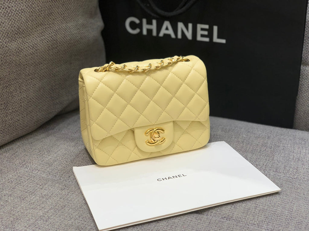 Chanel Mini Square Flap Bag 17cm Yellow Lambskin Gold Hardware