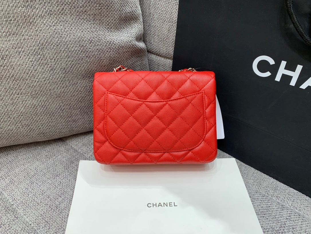 Chanel Mini Square Flap Bag 17cm Red Caviar Silver Hardware