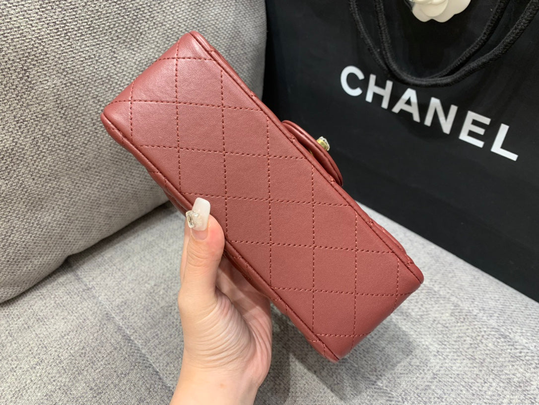 Chanel Mini Rectangle Flap Bag 20cm Burgundy Lambskin Gold Hardware