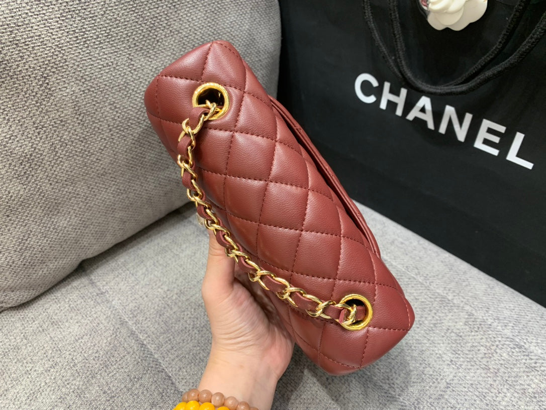 Chanel Mini Rectangle Flap Bag 20cm Burgundy Lambskin Gold Hardware