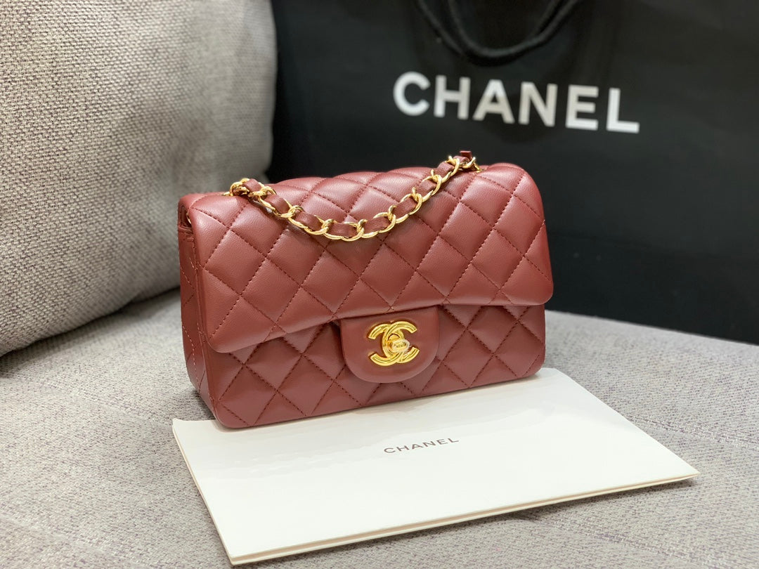 Chanel Mini Rectangle Flap Bag 20cm Burgundy Lambskin Gold Hardware