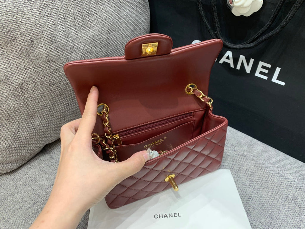 Chanel Mini Rectangle Flap Bag 20cm Burgundy Lambskin Gold Hardware
