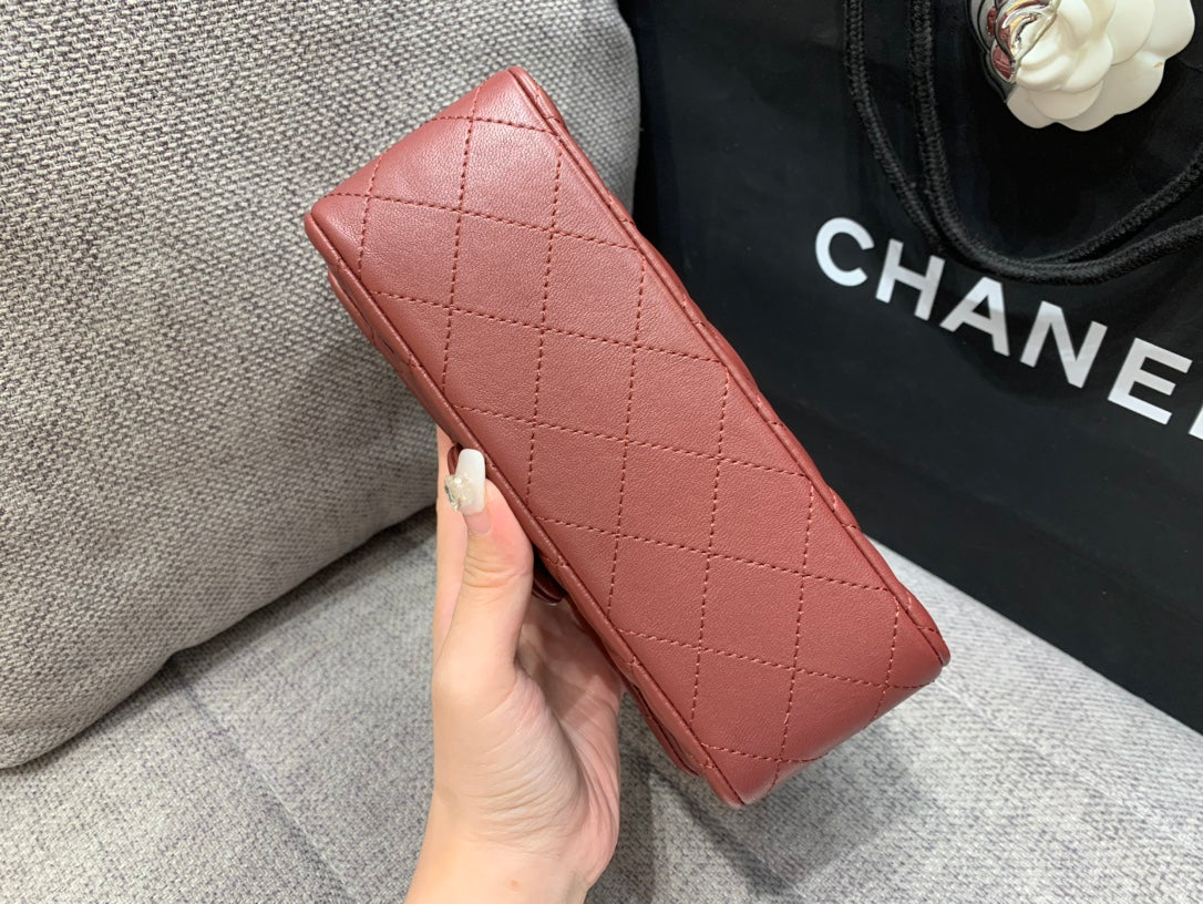 Chanel Mini Rectangle Flap Bag 20cm Burgundy Lambskin Silver Hardware