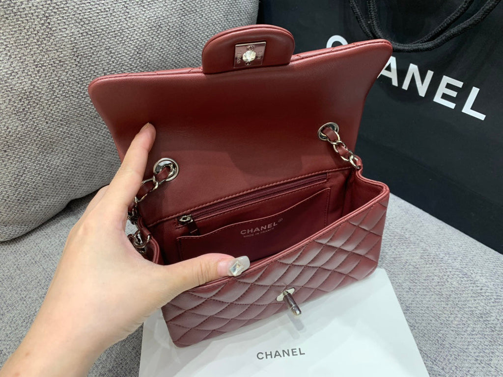Chanel Mini Rectangle Flap Bag 20cm Burgundy Lambskin Silver Hardware