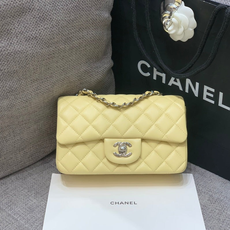 Chanel Mini Rectangle Flap Bag 20cm Yellow Lambskin Silver Hardware