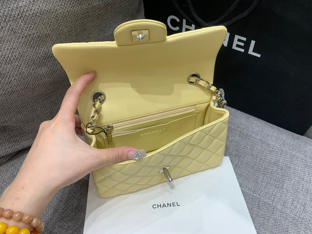 Chanel Mini Rectangle Flap Bag 20cm Yellow Lambskin Silver Hardware