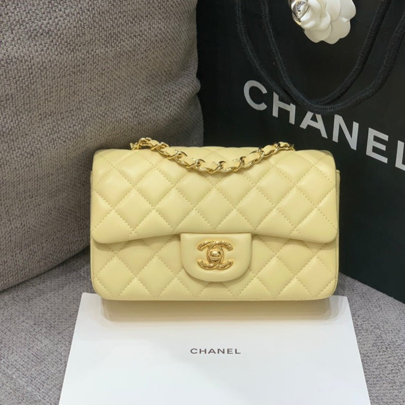 Chanel Mini Rectangle Flap Bag 20cm Yellow Lambskin Gold Hardware