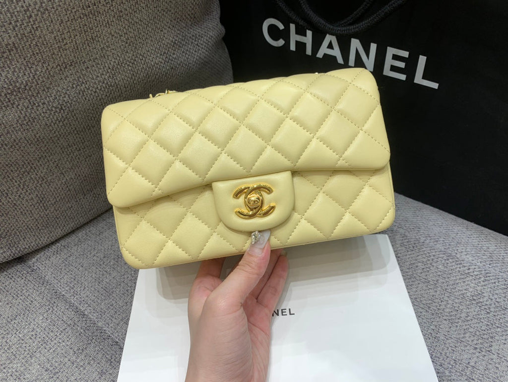 Chanel Mini Rectangle Flap Bag 20cm Yellow Lambskin Gold Hardware