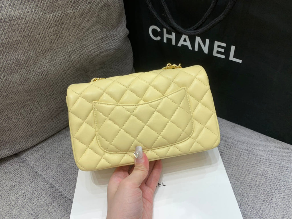 Chanel Mini Rectangle Flap Bag 20cm Yellow Lambskin Gold Hardware