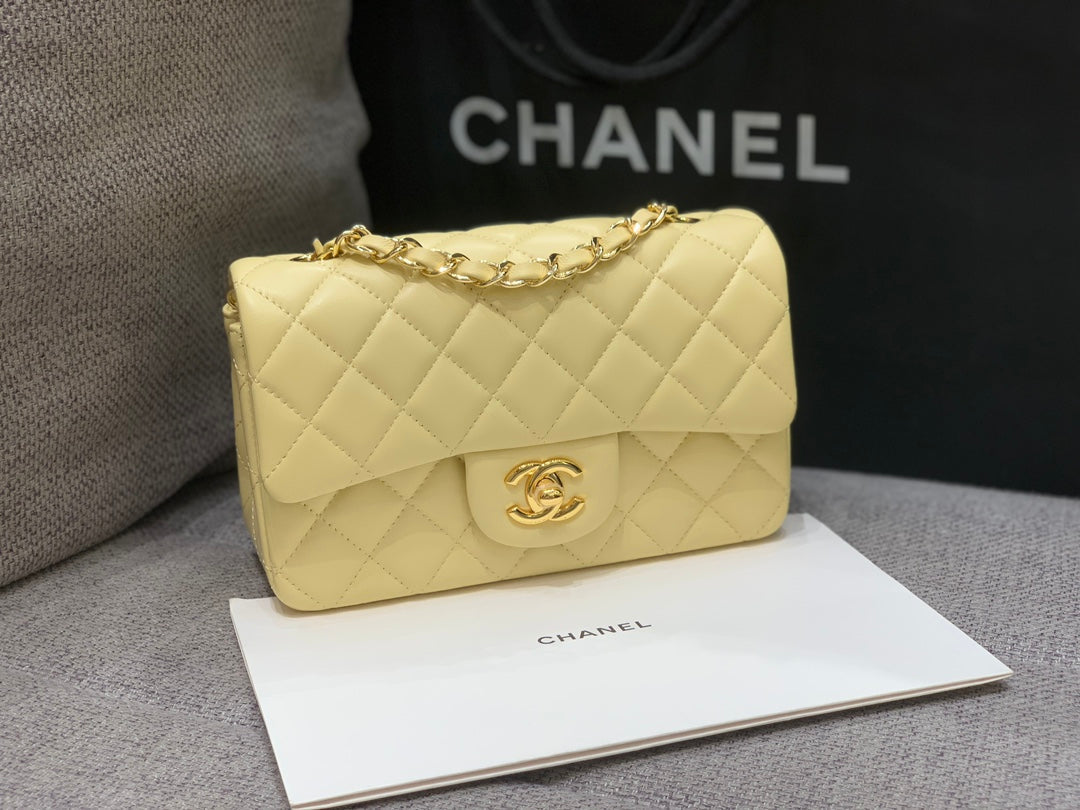 Chanel Mini Rectangle Flap Bag 20cm Yellow Lambskin Gold Hardware