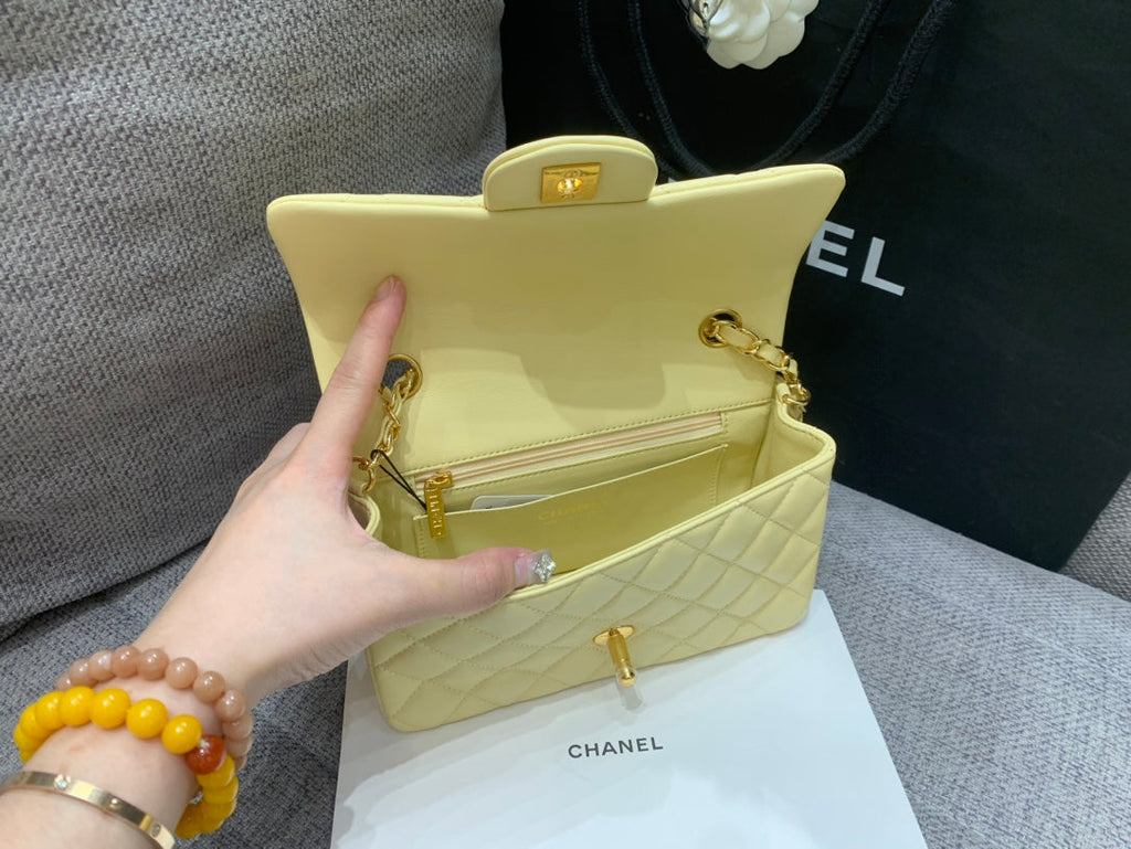 Chanel Mini Rectangle Flap Bag 20cm Yellow Lambskin Gold Hardware