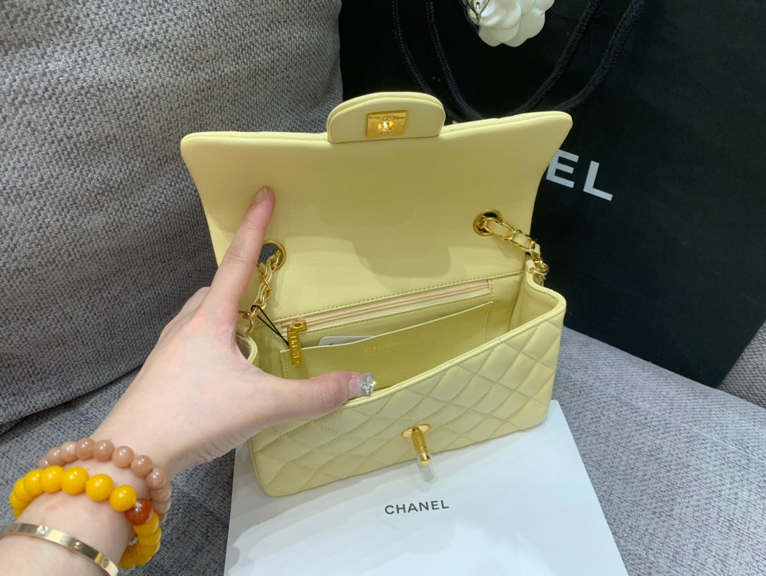 Chanel Mini Rectangle Flap Bag 20cm Yellow Lambskin Gold Hardware