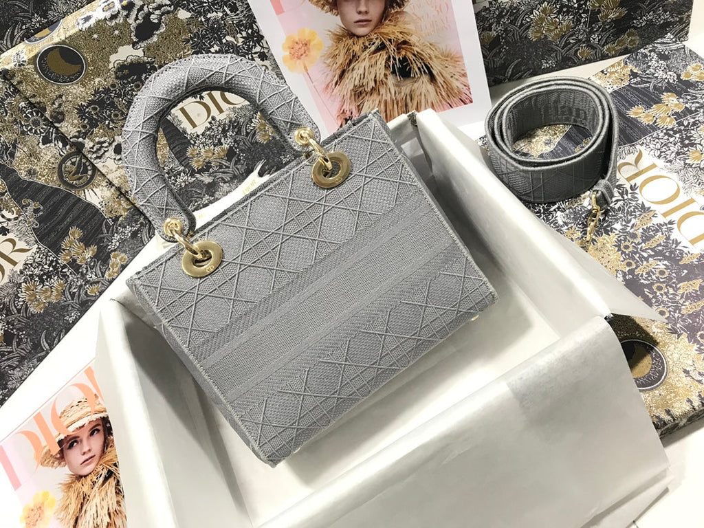 Dior Medium Lady D-Lite 24 Gray Cannage Embroidery Bag