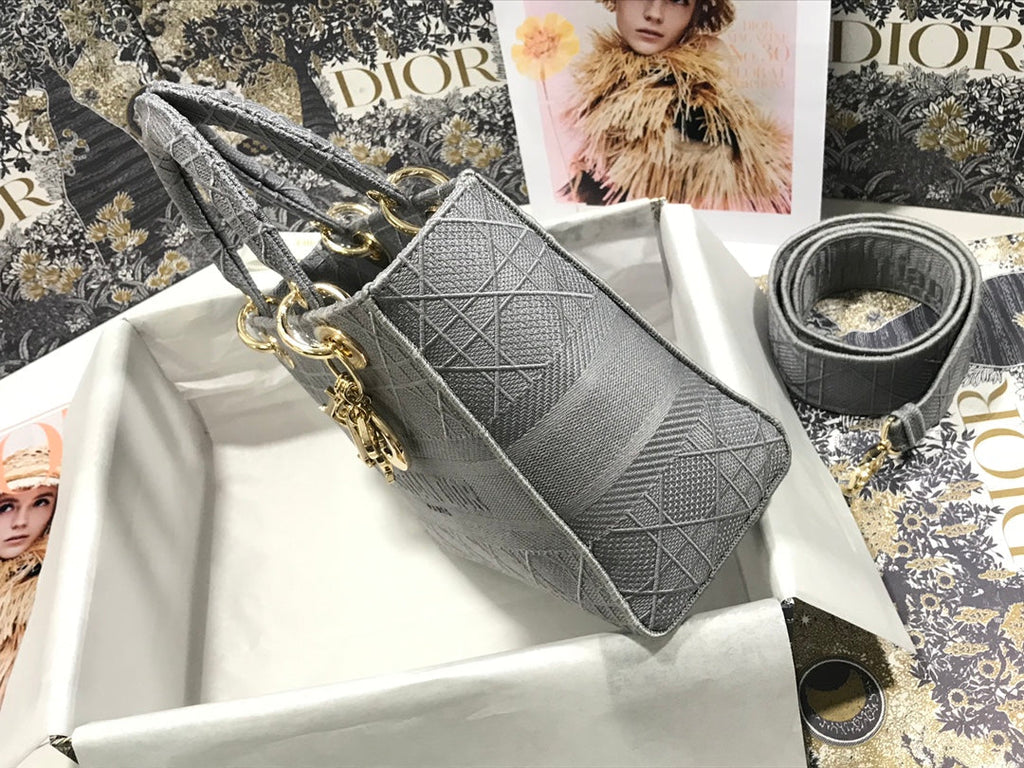 Dior Medium Lady D-Lite 24 Gray Cannage Embroidery Bag