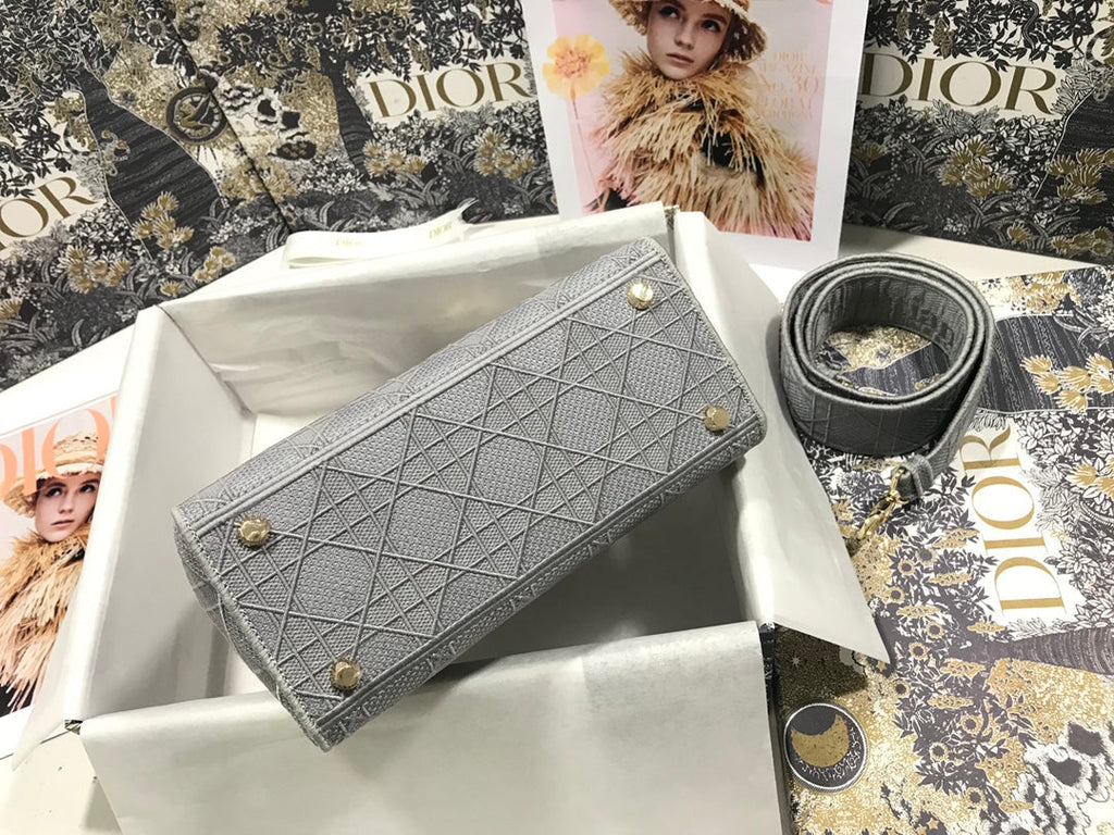 Dior Medium Lady D-Lite 24 Gray Cannage Embroidery Bag