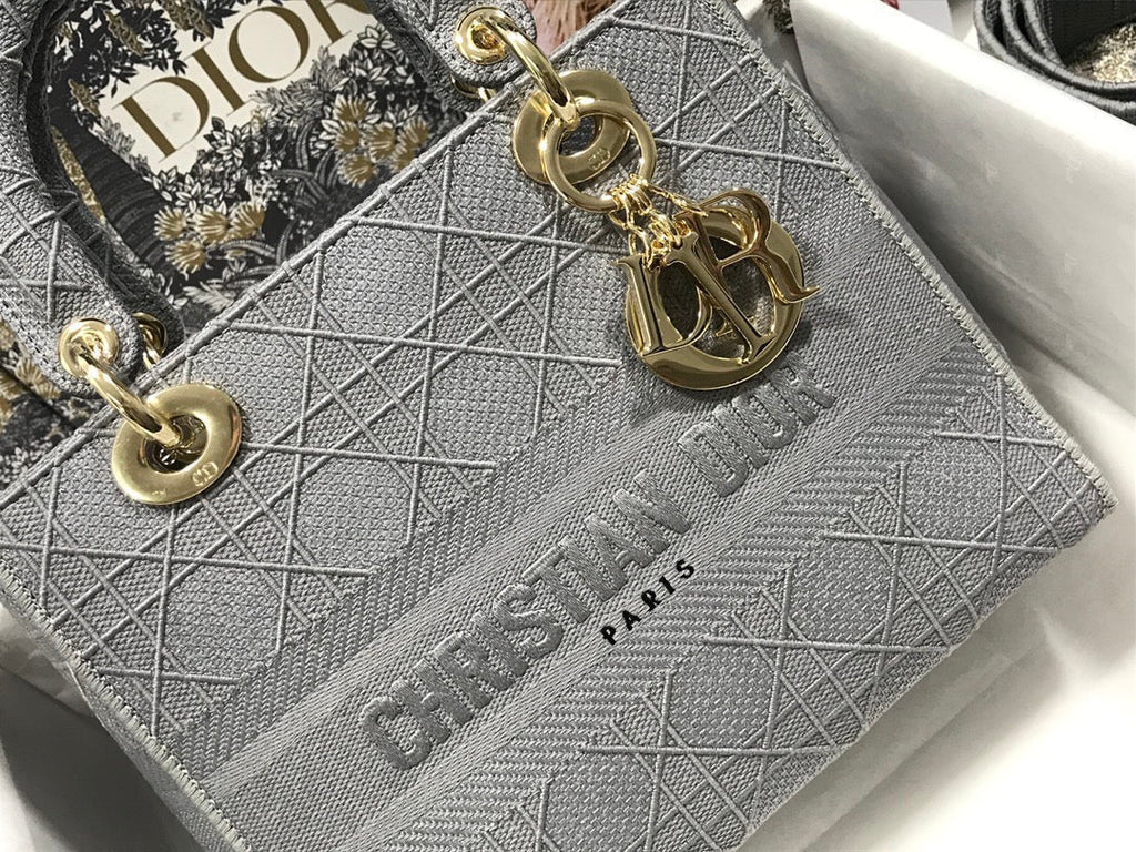 Dior Medium Lady D-Lite 24 Gray Cannage Embroidery Bag