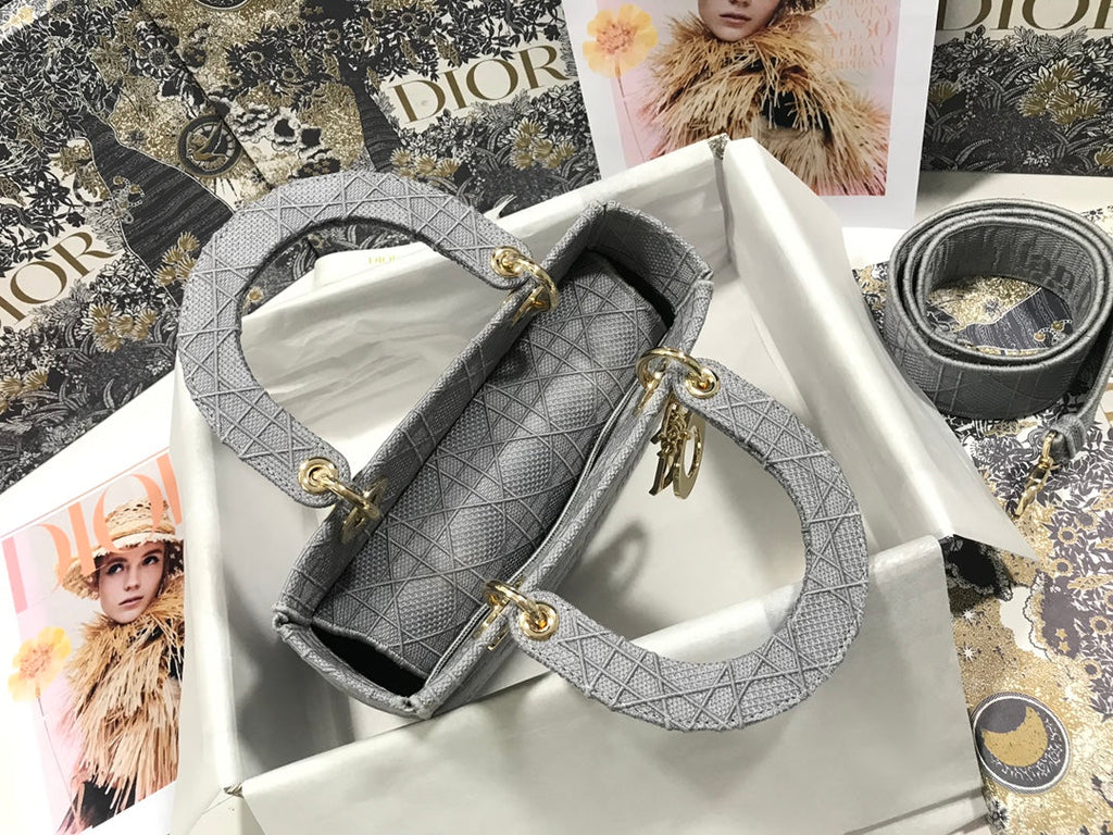 Dior Medium Lady D-Lite 24 Gray Cannage Embroidery Bag