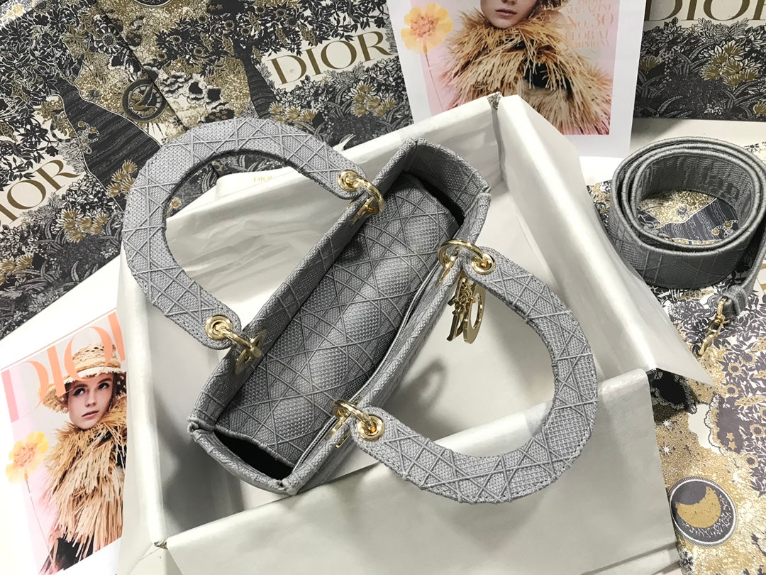 Dior Medium Lady D-Lite 24 Gray Cannage Embroidery Bag