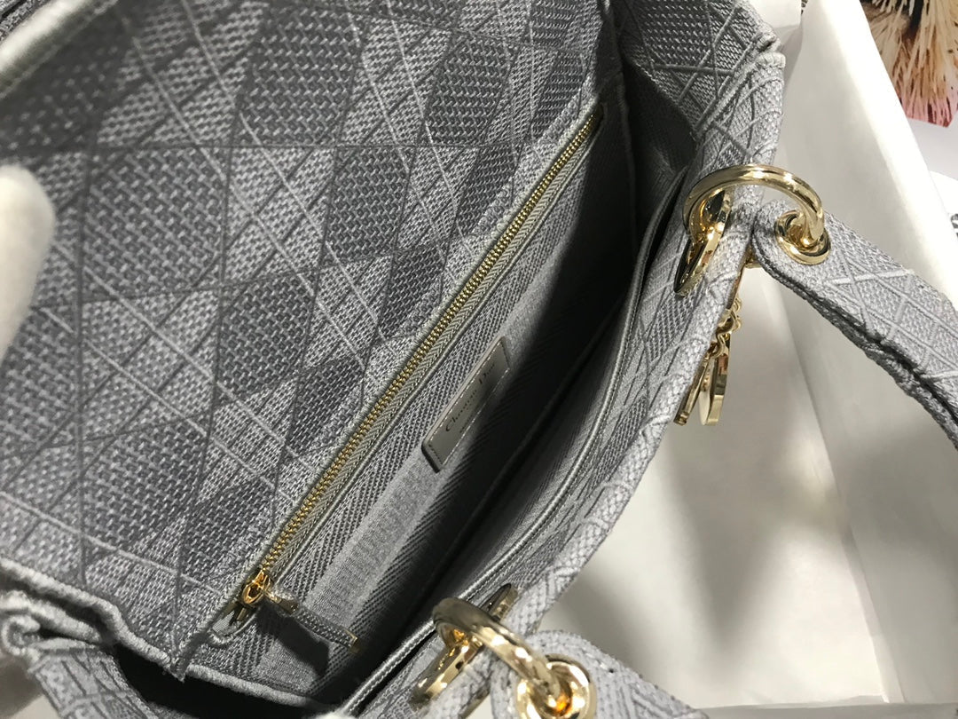 Dior Medium Lady D-Lite 24 Gray Cannage Embroidery Bag