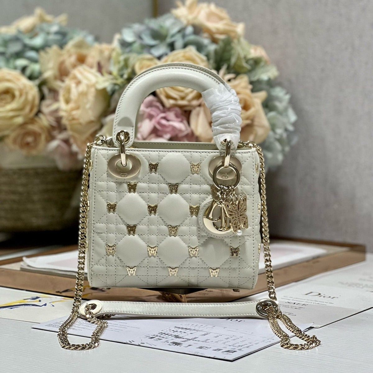 Dior Mini Lady 17 Butterfly Stud White Lambskin Bag