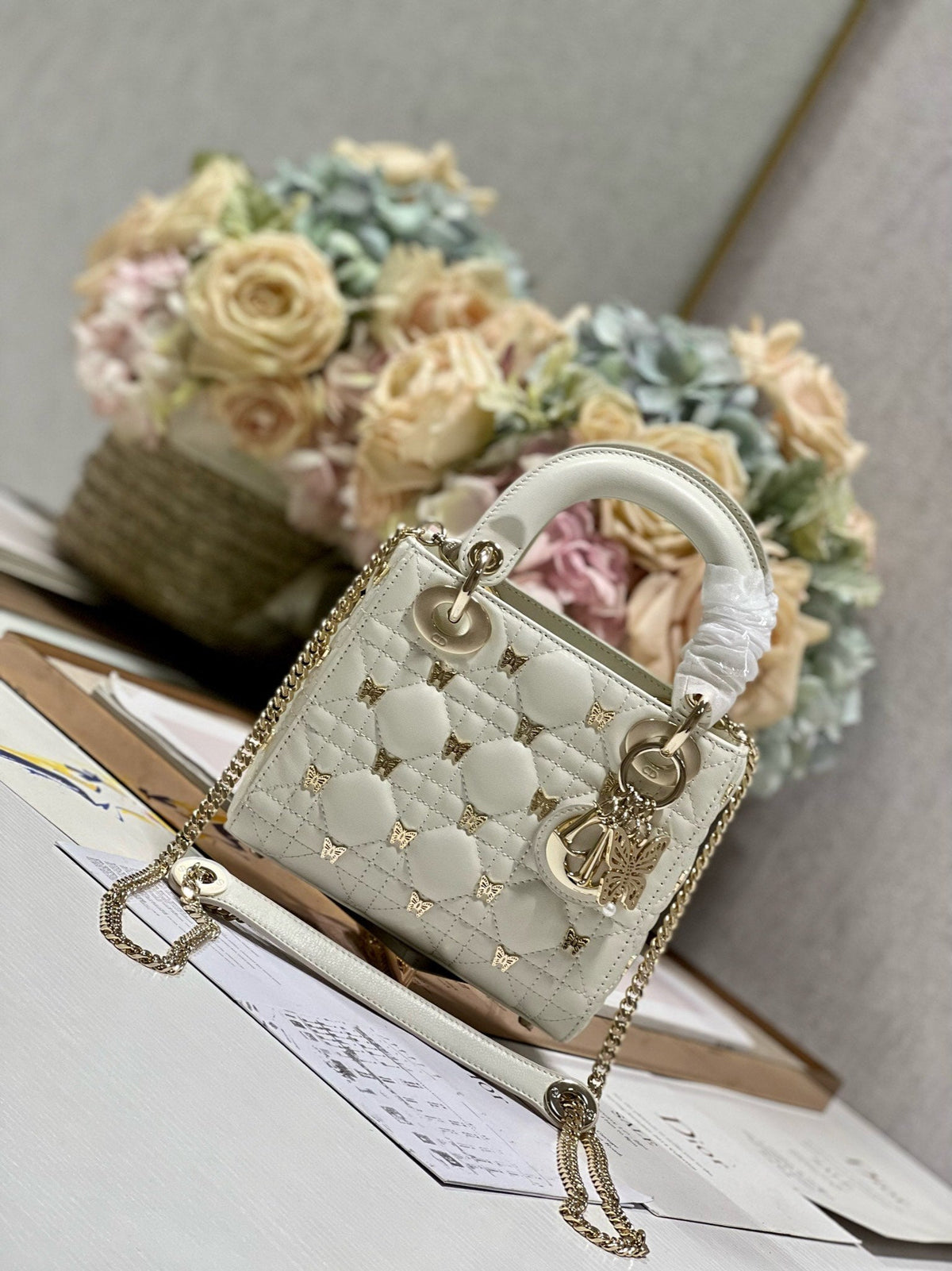 Dior Mini Lady 17 Butterfly Stud White Lambskin Bag