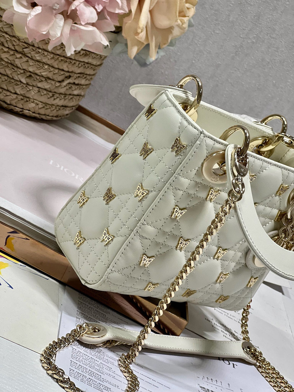Dior Mini Lady 17 Butterfly Stud White Lambskin Bag