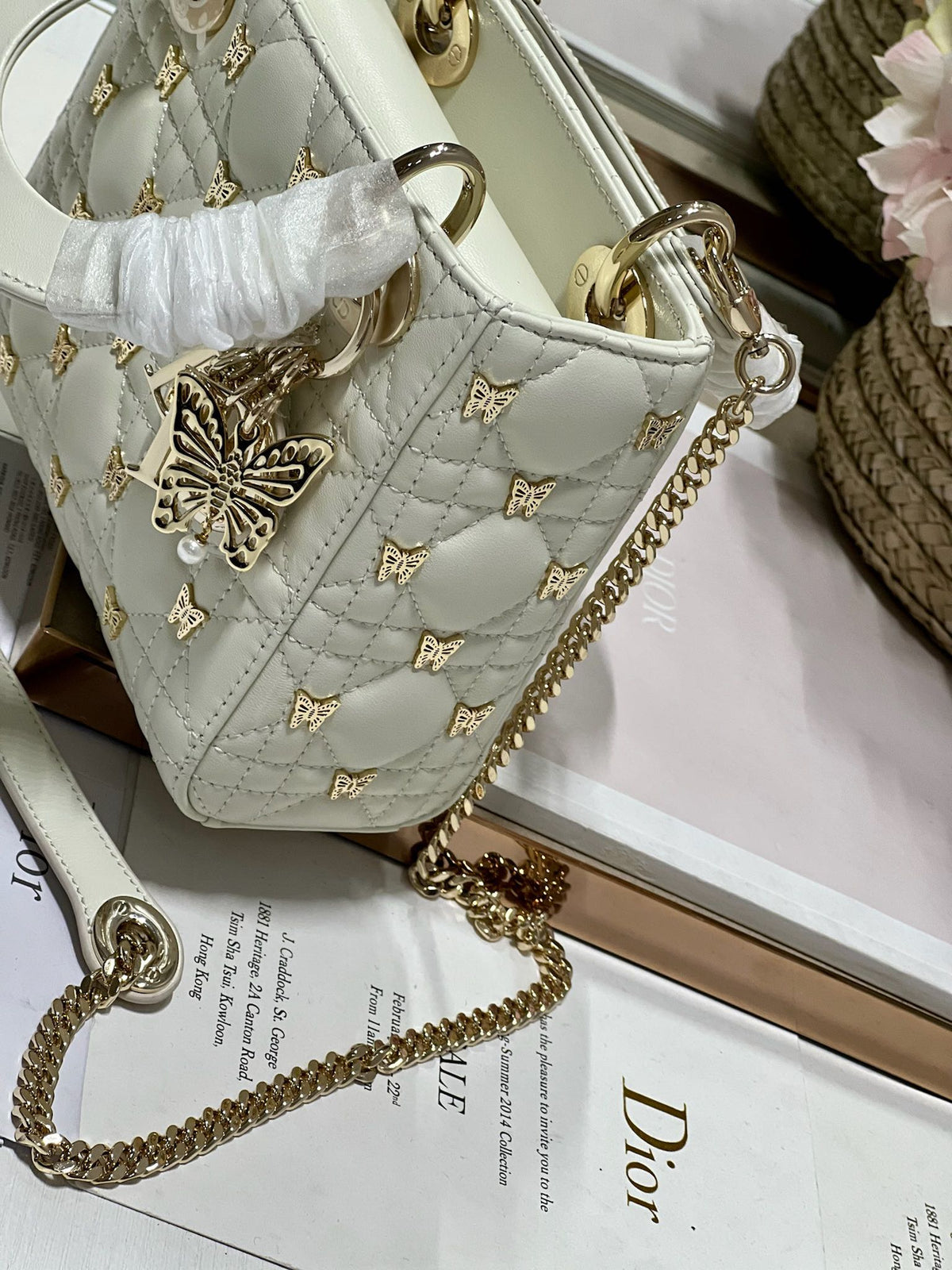 Dior Mini Lady 17 Butterfly Stud White Lambskin Bag