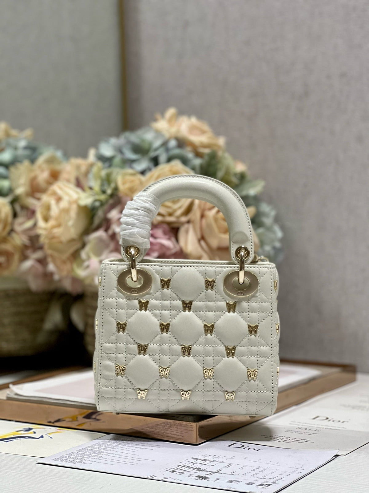 Dior Mini Lady 17 Butterfly Stud White Lambskin Bag