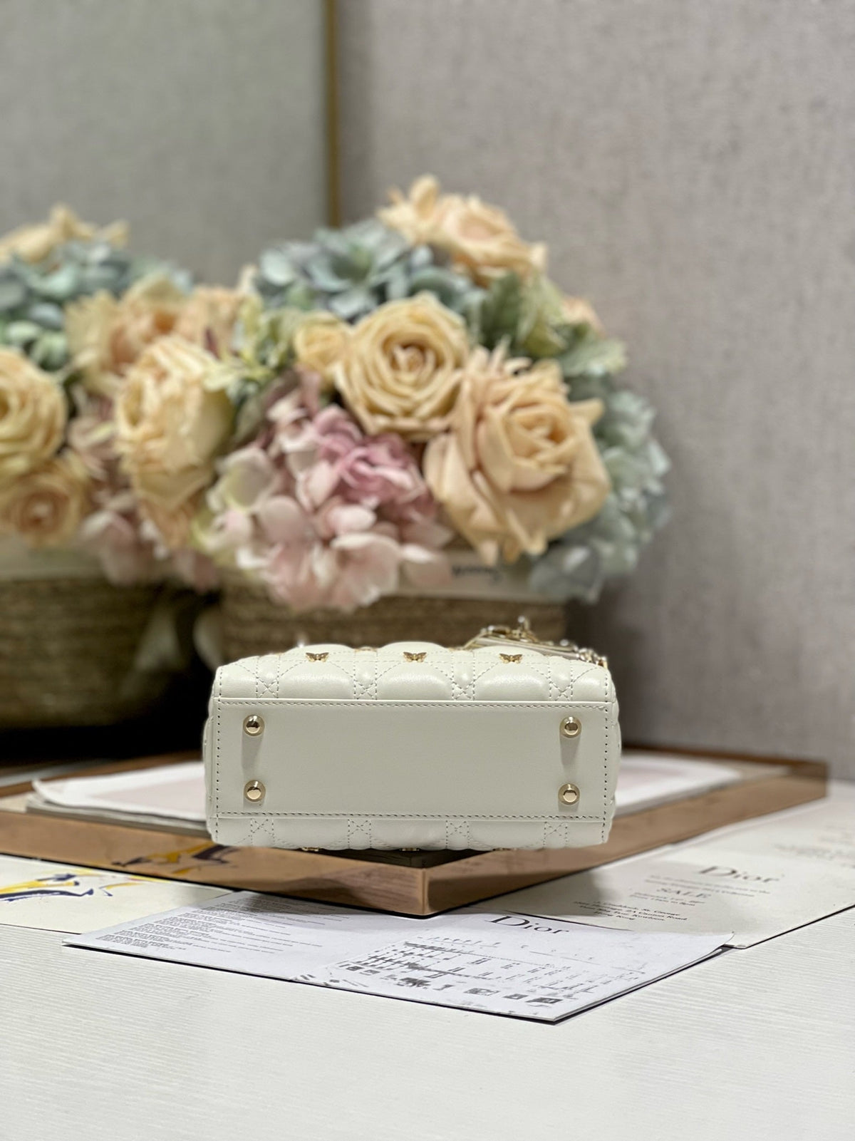 Dior Mini Lady 17 Butterfly Stud White Lambskin Bag