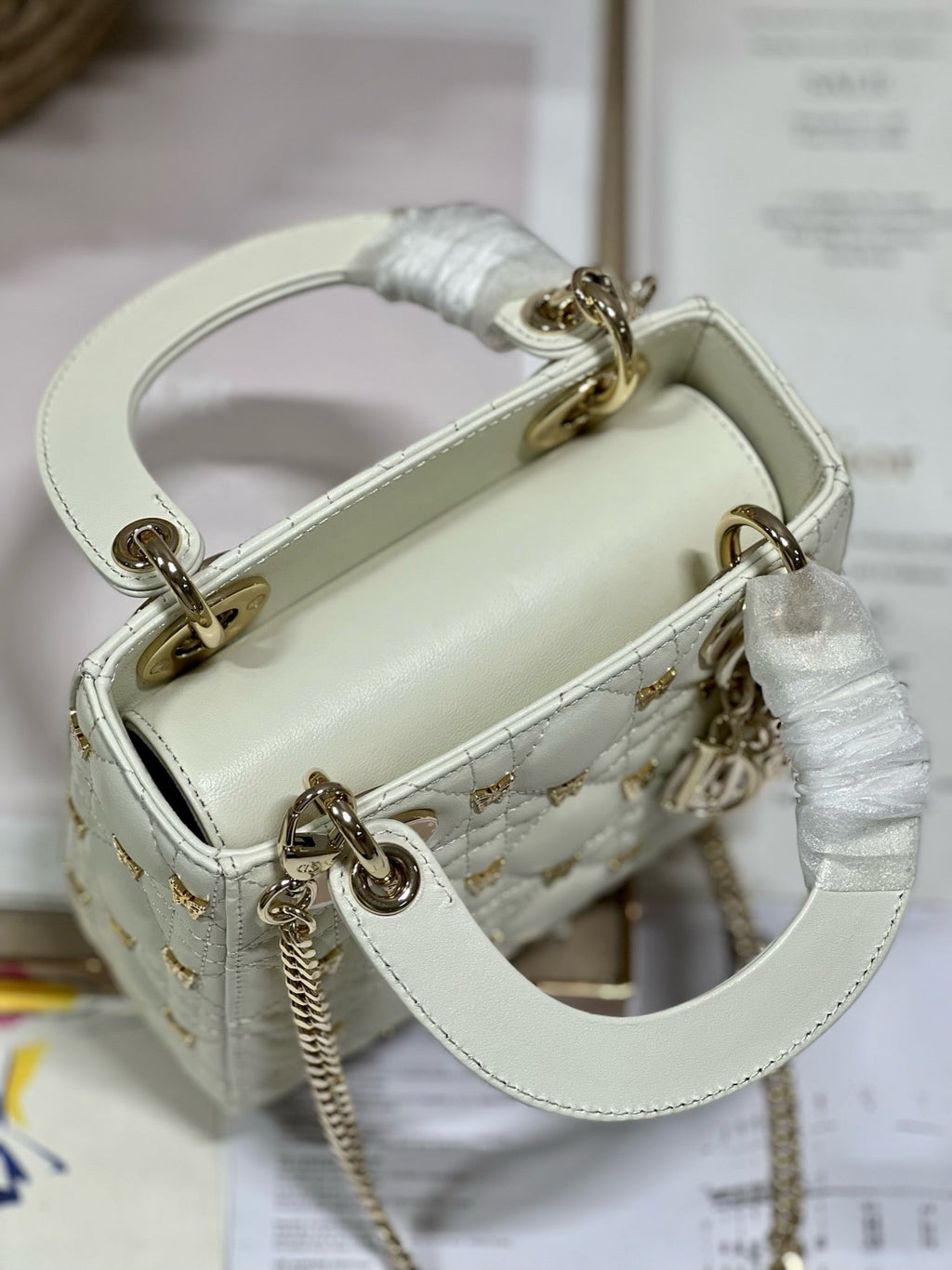 Dior Mini Lady 17 Butterfly Stud White Lambskin Bag