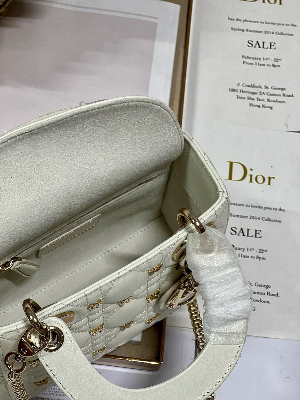 Dior Mini Lady 17 Butterfly Stud White Lambskin Bag