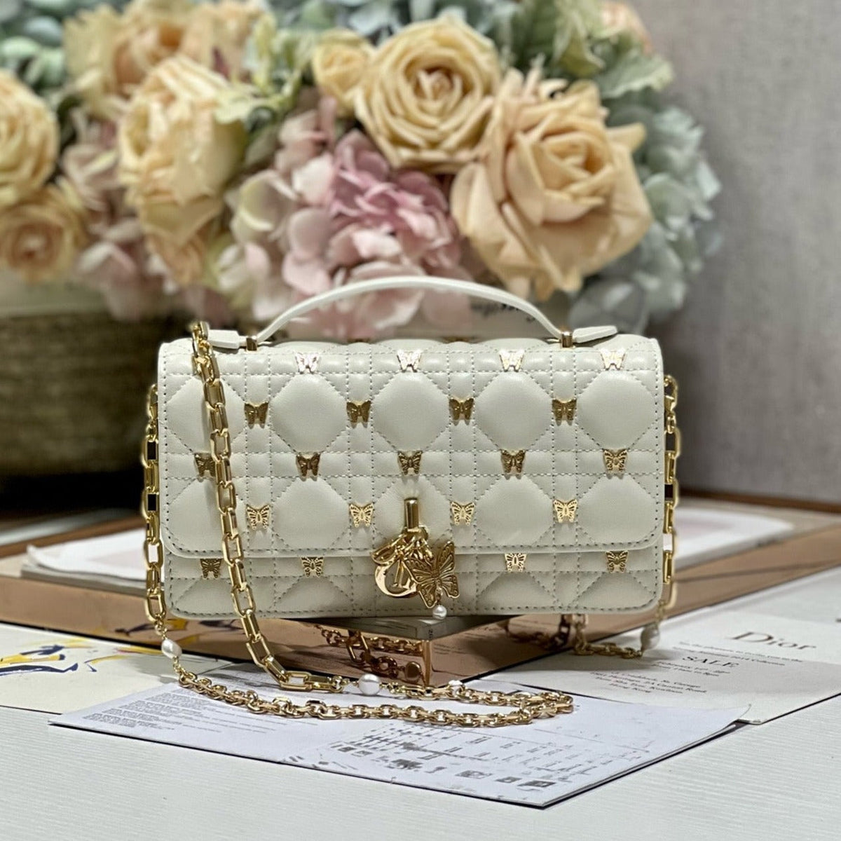 Dior Miss Lady 21 Butterfly Stud White Lambskin Bag
