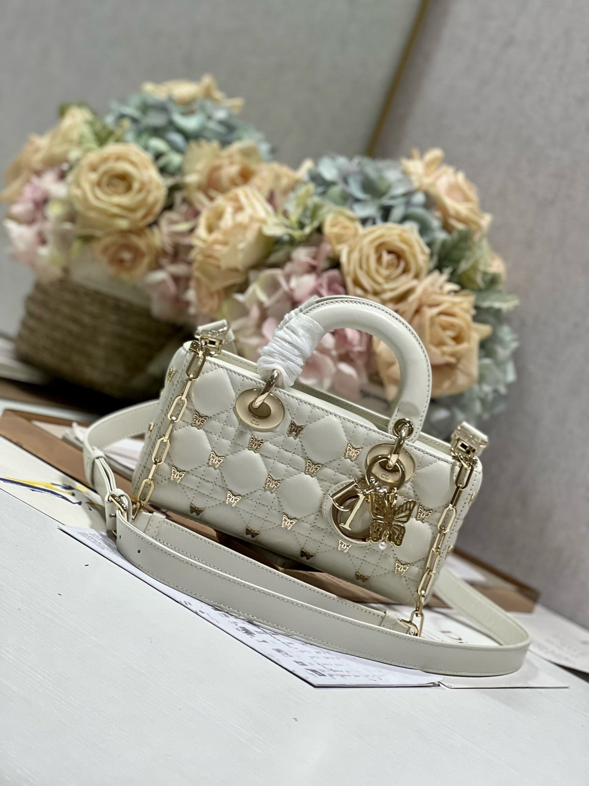 Dior Small Lady D-Joy 22 Butterfly Stud White Lambskin Bag