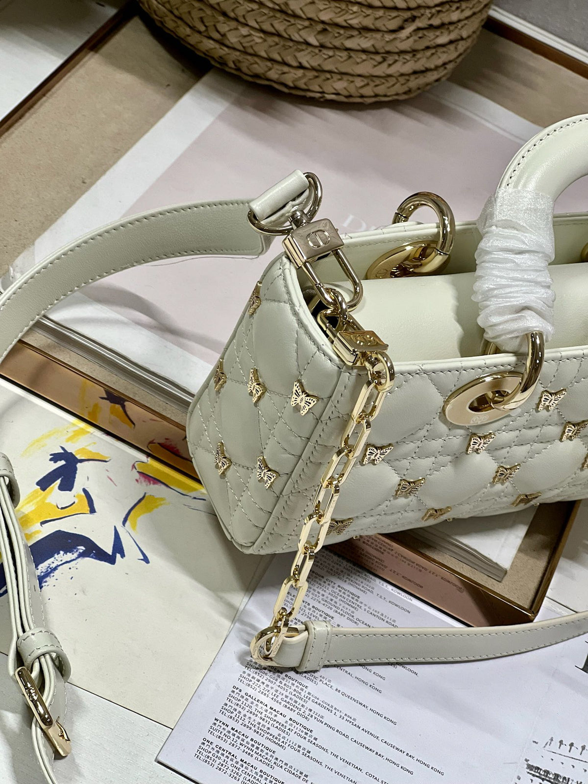 Dior Small Lady D-Joy 22 Butterfly Stud White Lambskin Bag