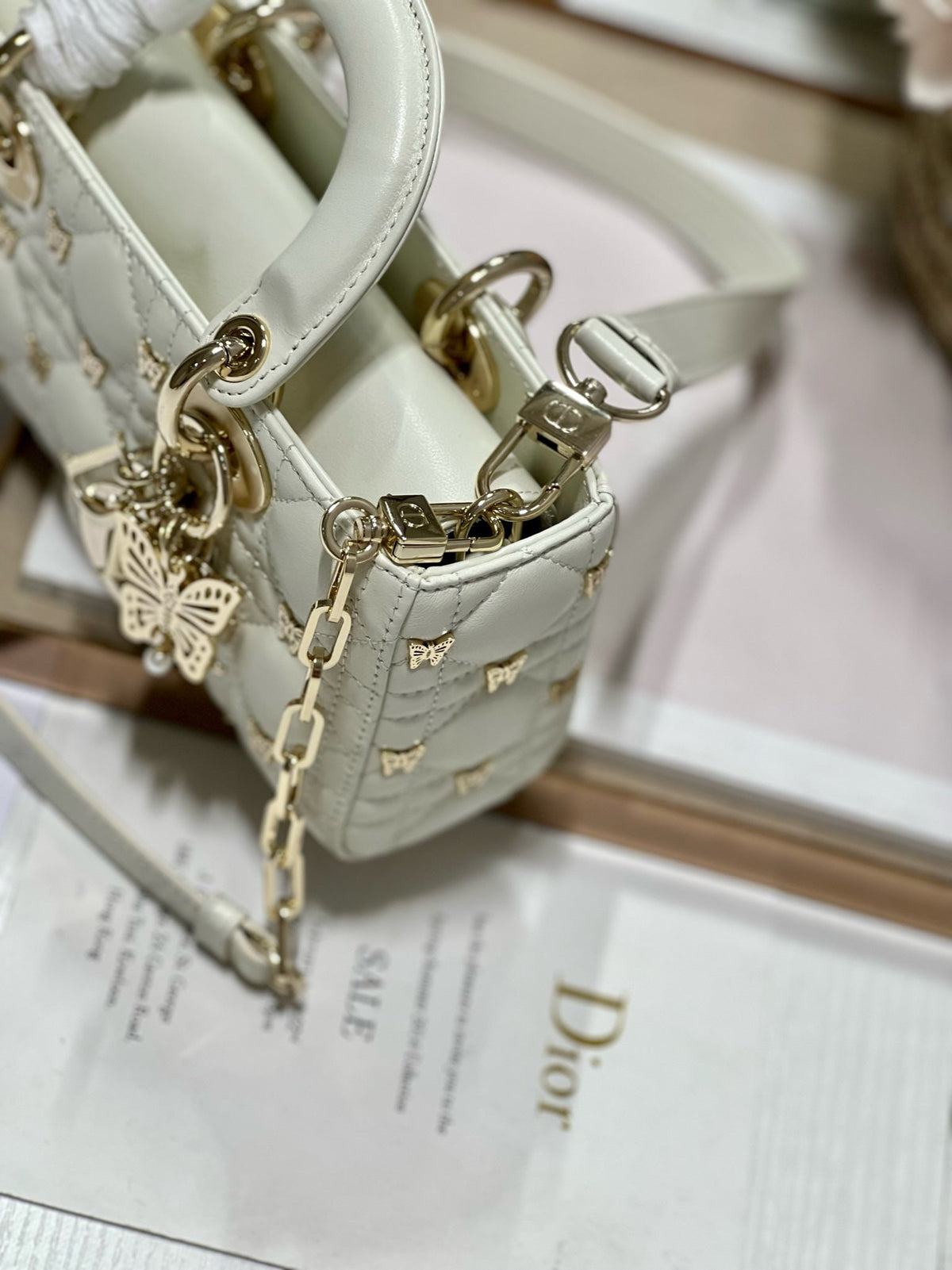 Dior Small Lady D-Joy 22 Butterfly Stud White Lambskin Bag
