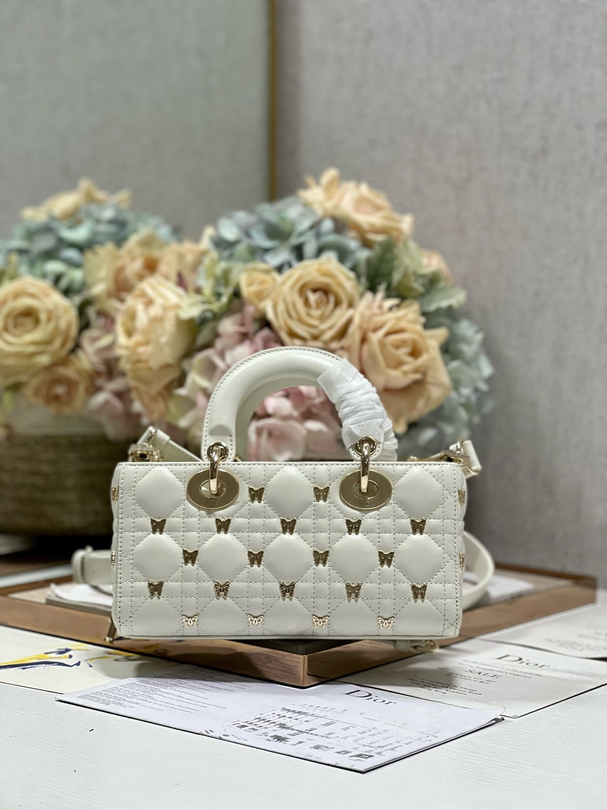 Dior Small Lady D-Joy 22 Butterfly Stud White Lambskin Bag