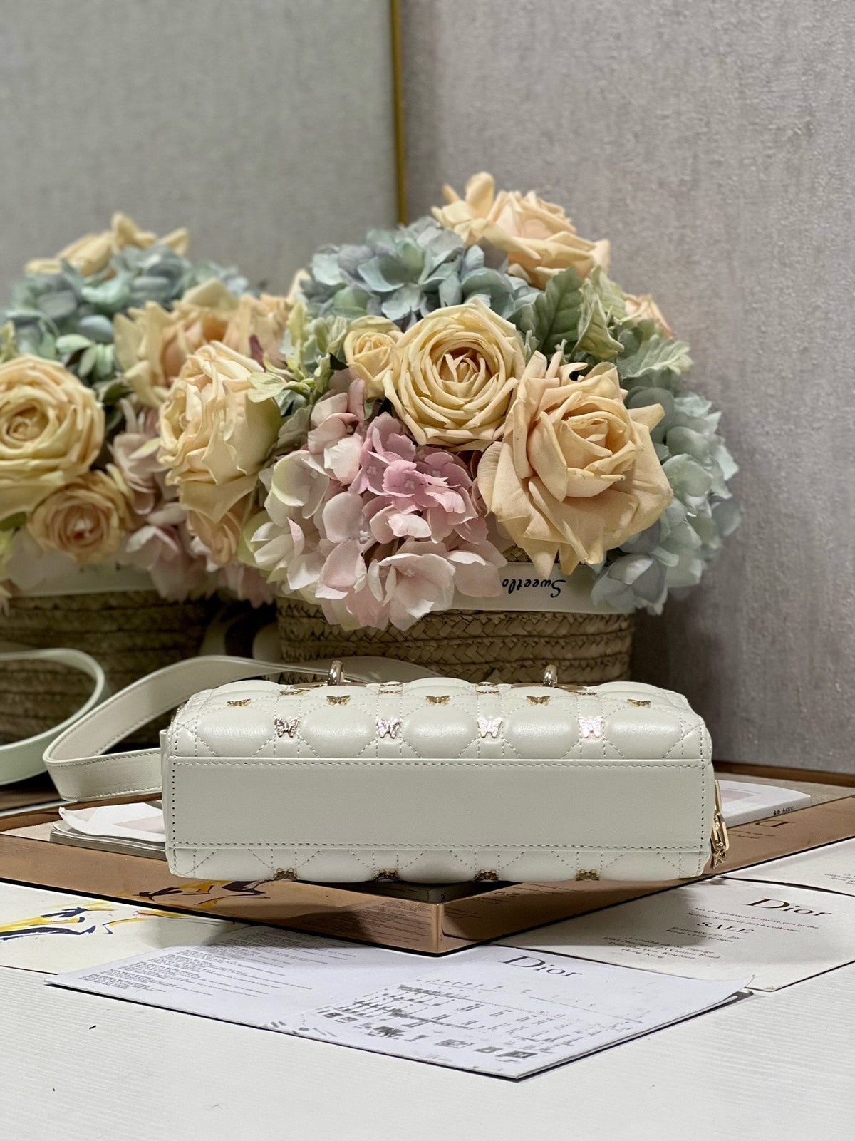 Dior Small Lady D-Joy 22 Butterfly Stud White Lambskin Bag