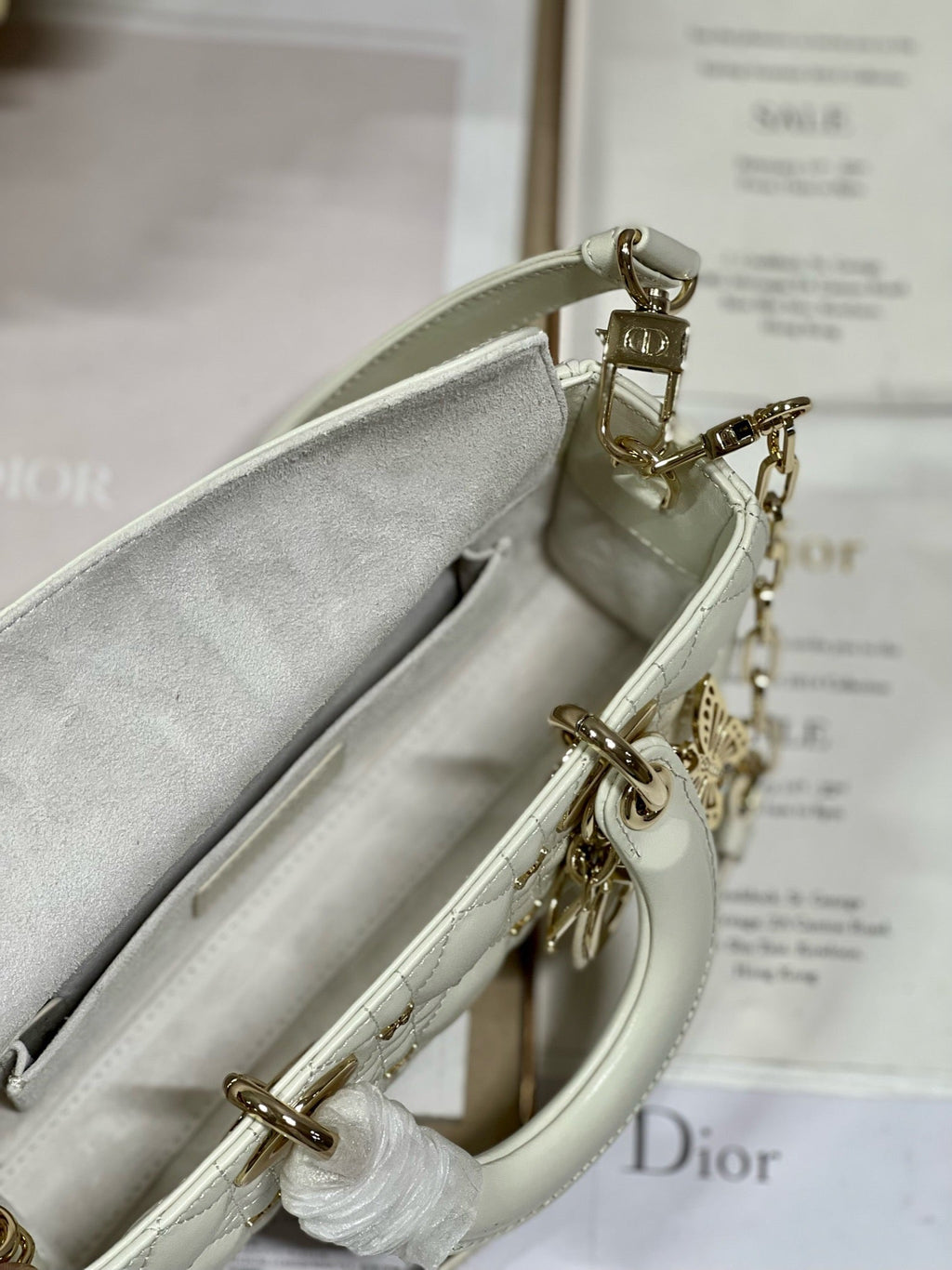 Dior Small Lady D-Joy 22 Butterfly Stud White Lambskin Bag