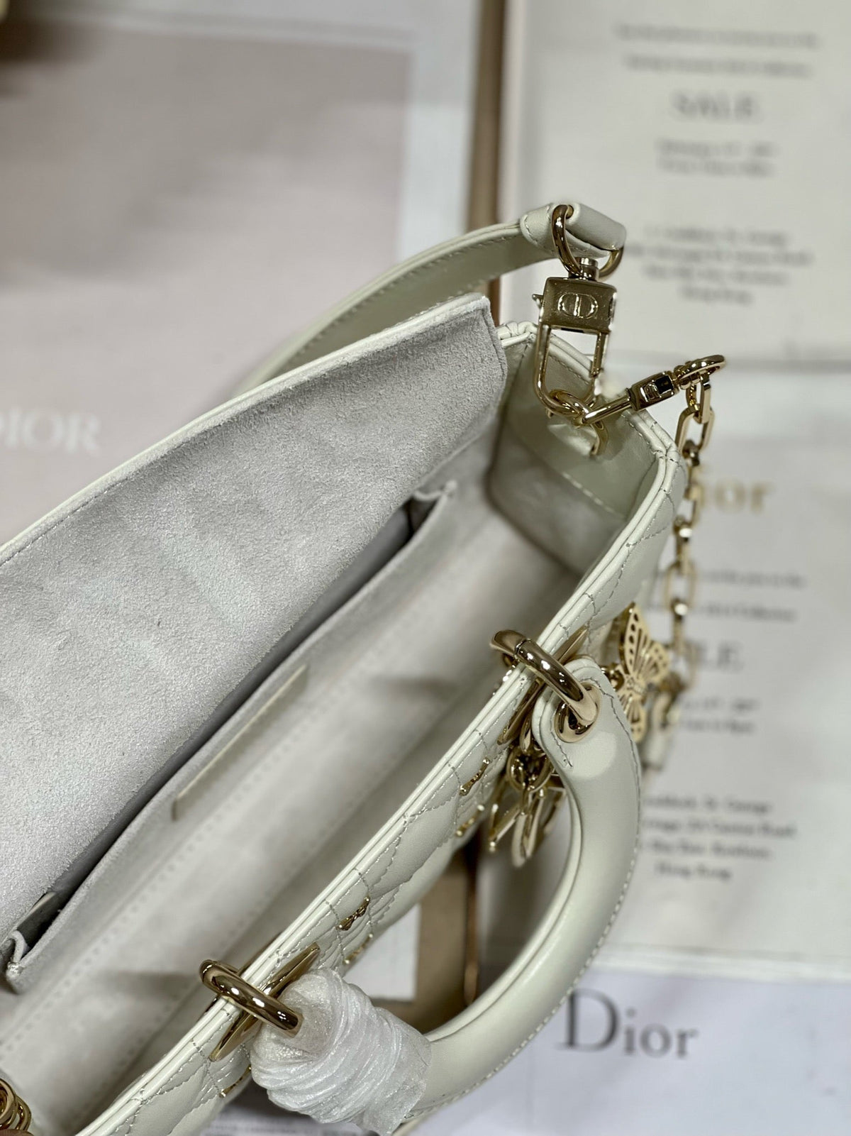 Dior Small Lady D-Joy 22 Butterfly Stud White Lambskin Bag