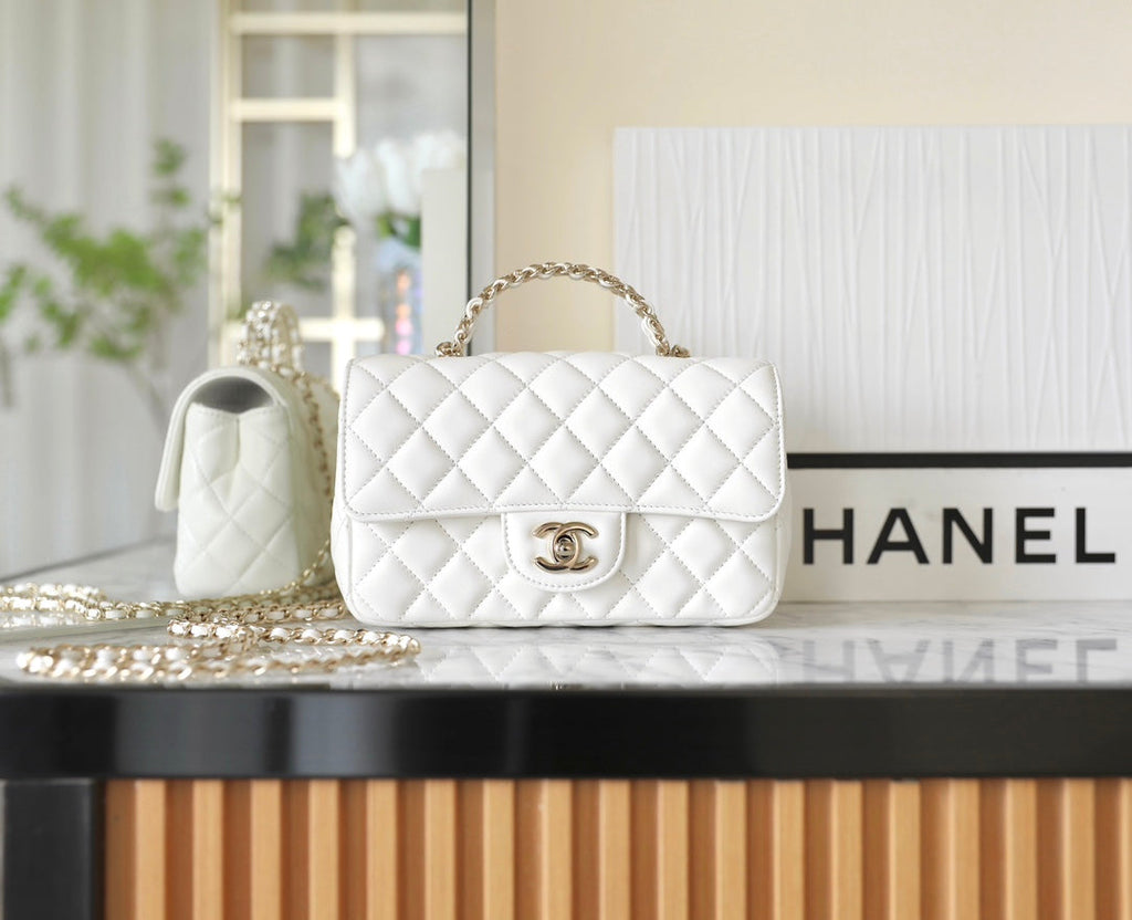 Chanel Mini Rectangle Flap Bag Top Handle 20cm White Lambskin Silver Hardware