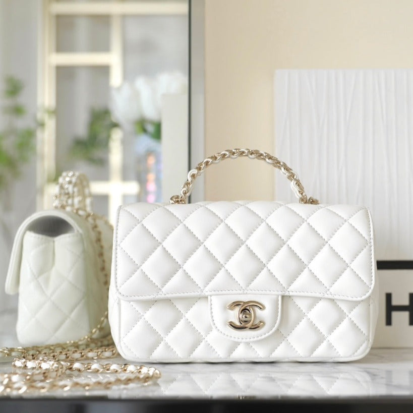 Chanel Mini Rectangle Flap Bag Top Handle 20cm White Lambskin Silver Hardware