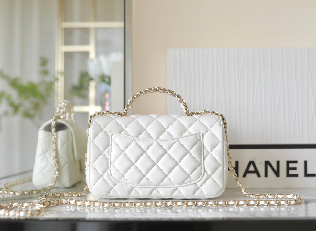 Chanel Mini Rectangle Flap Bag Top Handle 20cm White Lambskin Silver Hardware