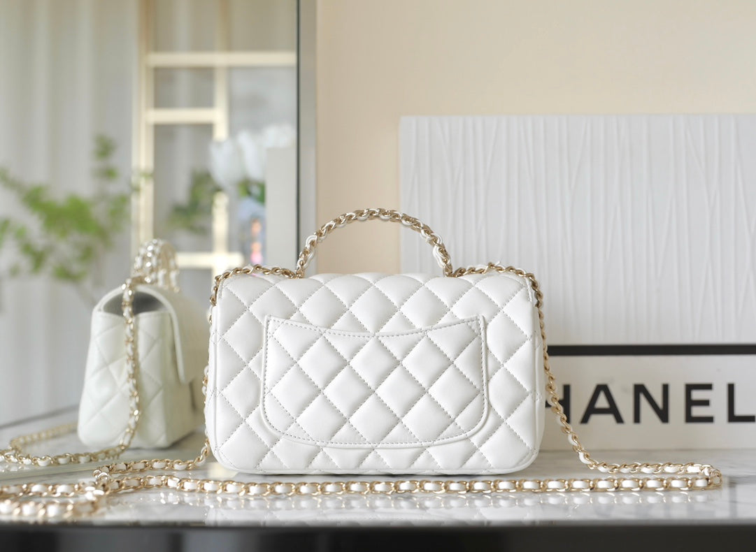 Chanel Mini Rectangle Flap Bag Top Handle 20cm White Lambskin Silver Hardware