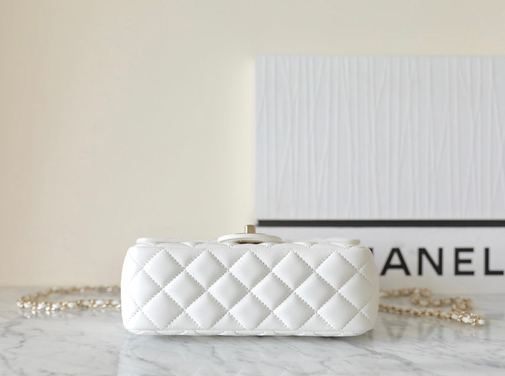 Chanel Mini Rectangle Flap Bag Top Handle 20cm White Lambskin Silver Hardware